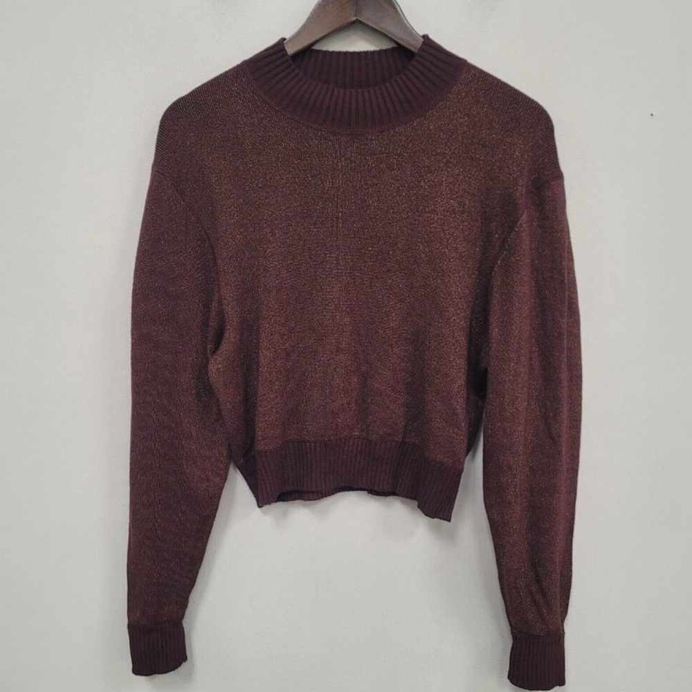 FREE PEOPLE Starry Night Burgundy Metallic Shimmer Mock Neck Sweater S